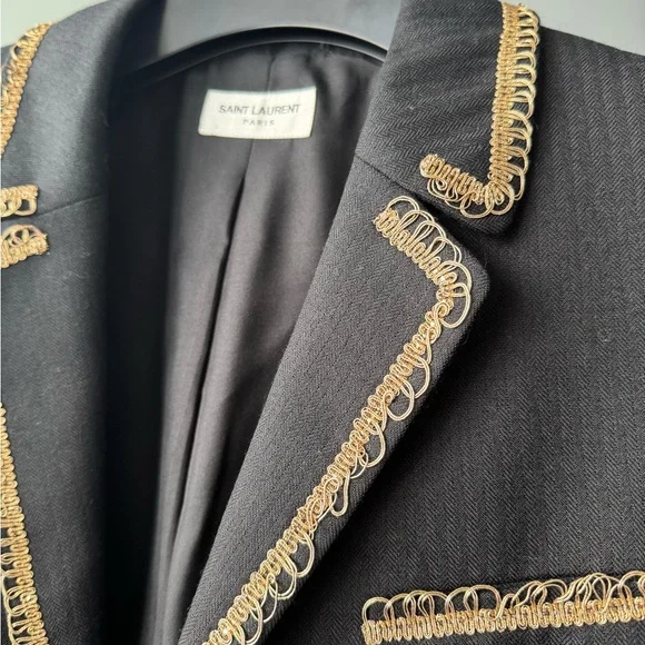 Saint Laurent Women’s Black Blazer with Gold Braiding - Size 40, Wool